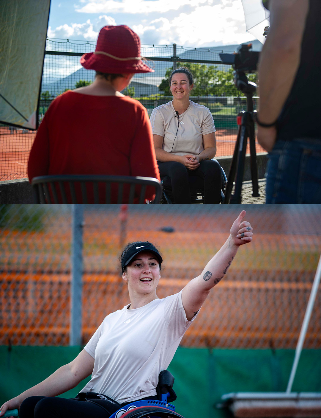 Deux images montrant d'abord Giulia Damiano lorsqu'elle est interviewée, puis Giulia pendant qu'elle joue au tennis.